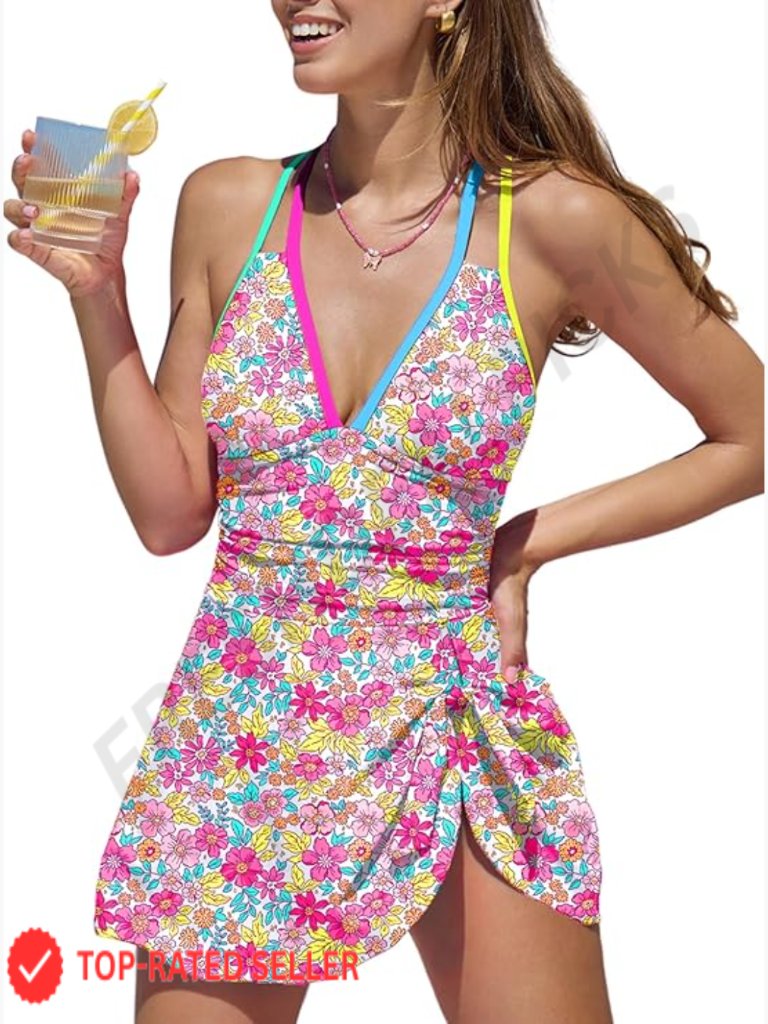 One Piece Swim Dress Tummy Control Tie Back Bathing Suit Skirt Adjustable Straps